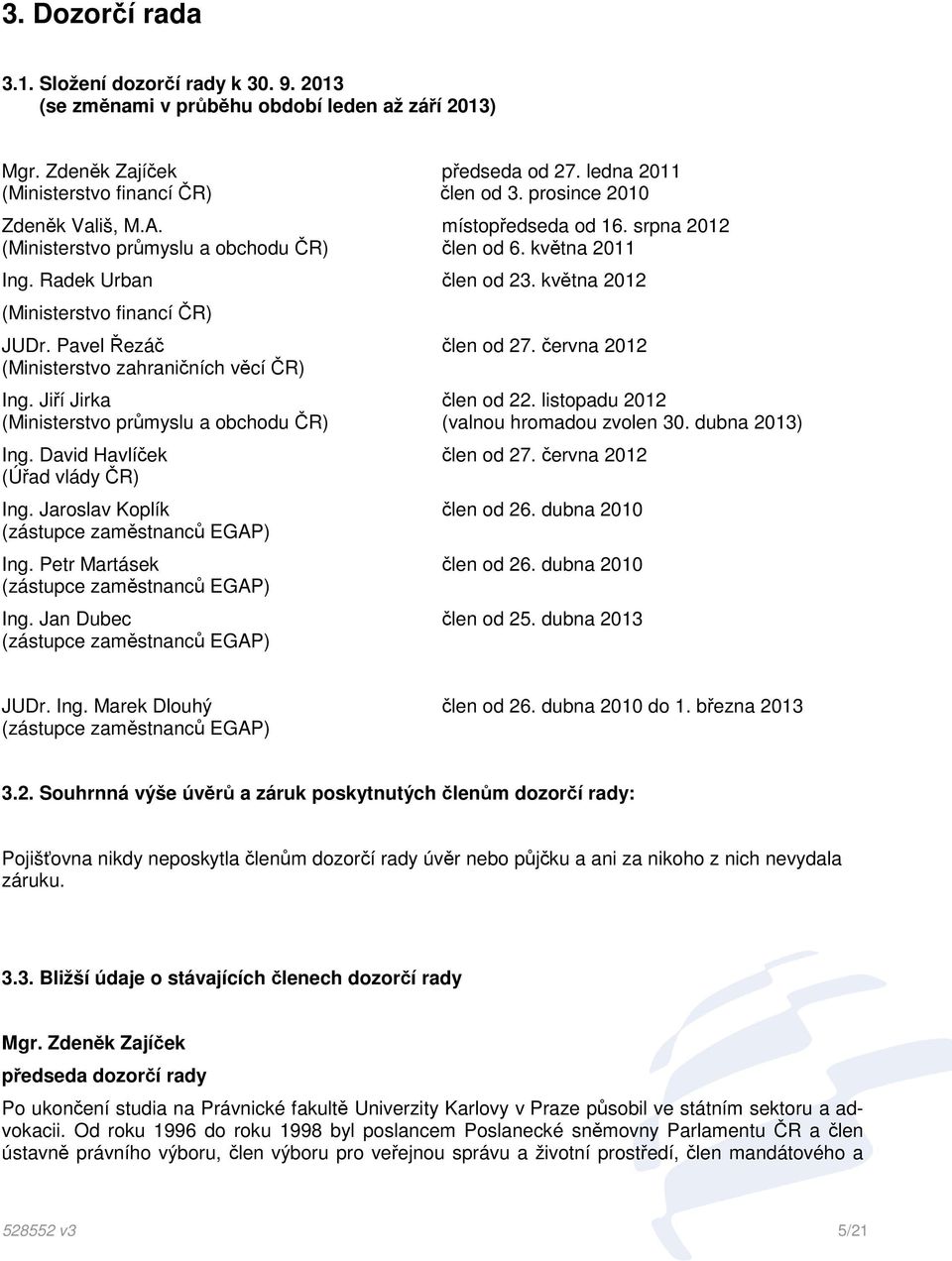 Pavel Řezáč člen od 27. června 2012 (Ministerstvo zahraničních věcí ČR) Ing. Jiří Jirka člen od 22. listopadu 2012 (Ministerstvo průmyslu a obchodu ČR) (valnou hromadou zvolen 30. dubna 2013) Ing.