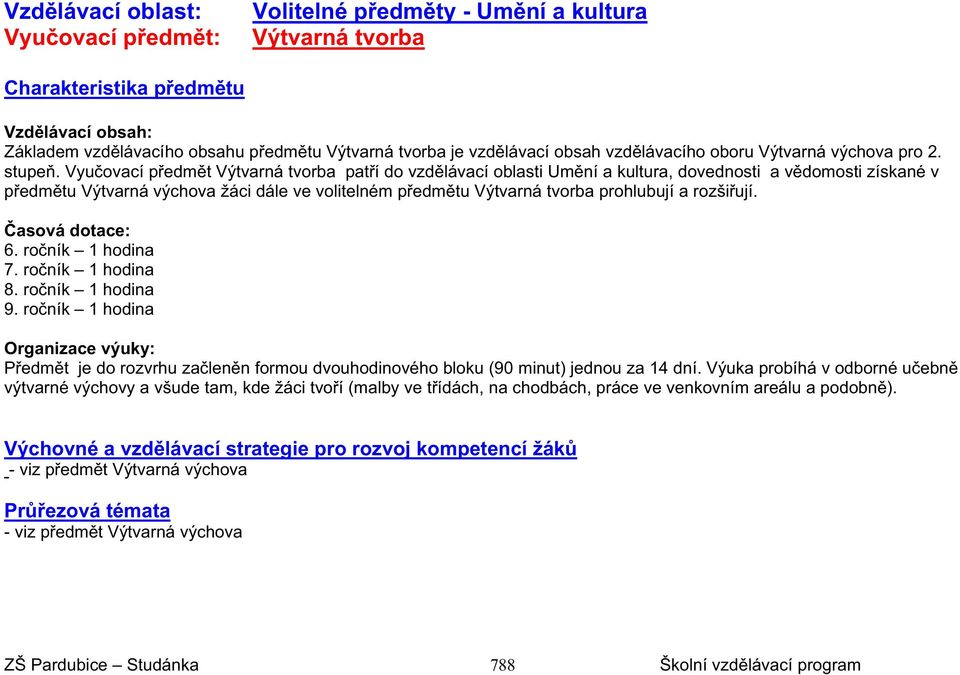 Vyu ovací p edm t Výtvarná tvorba pat í do vzd lávací oblasti Um ní a kultura, dovednosti a v domosti získané v p edm tu Výtvarná výchova žáci dále ve volitelném p edm tu Výtvarná tvorba prohlubují a