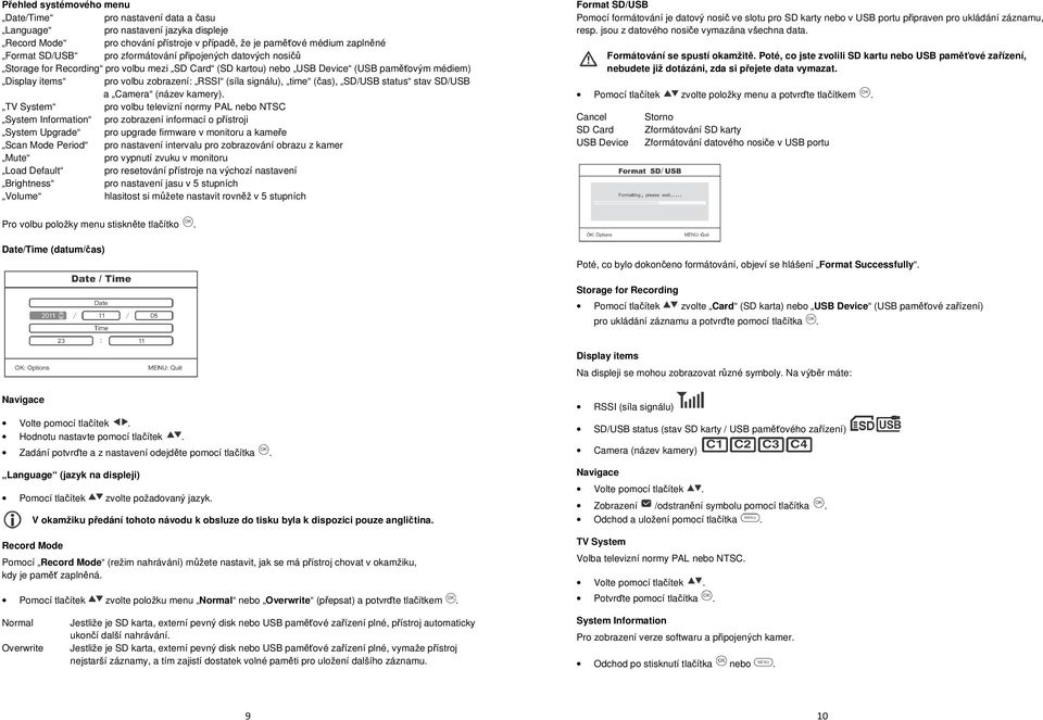 (čas), SD/USB status stav SD/USB a Camera (název kamery).