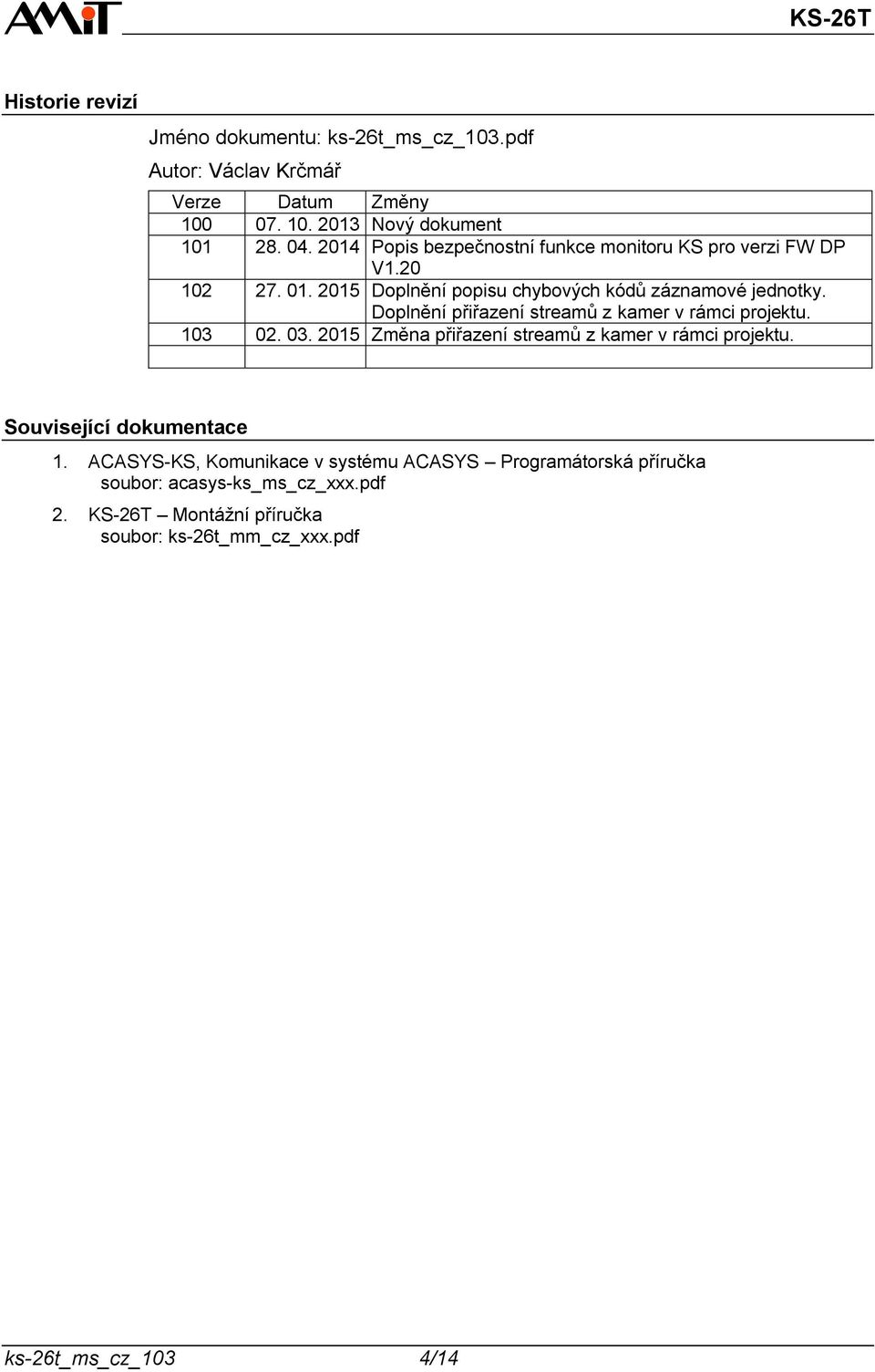 Doplnění přiřazení streamů z kamer v rámci projektu. 103 02. 03. 2015 Změna přiřazení streamů z kamer v rámci projektu. Související dokumentace 1.