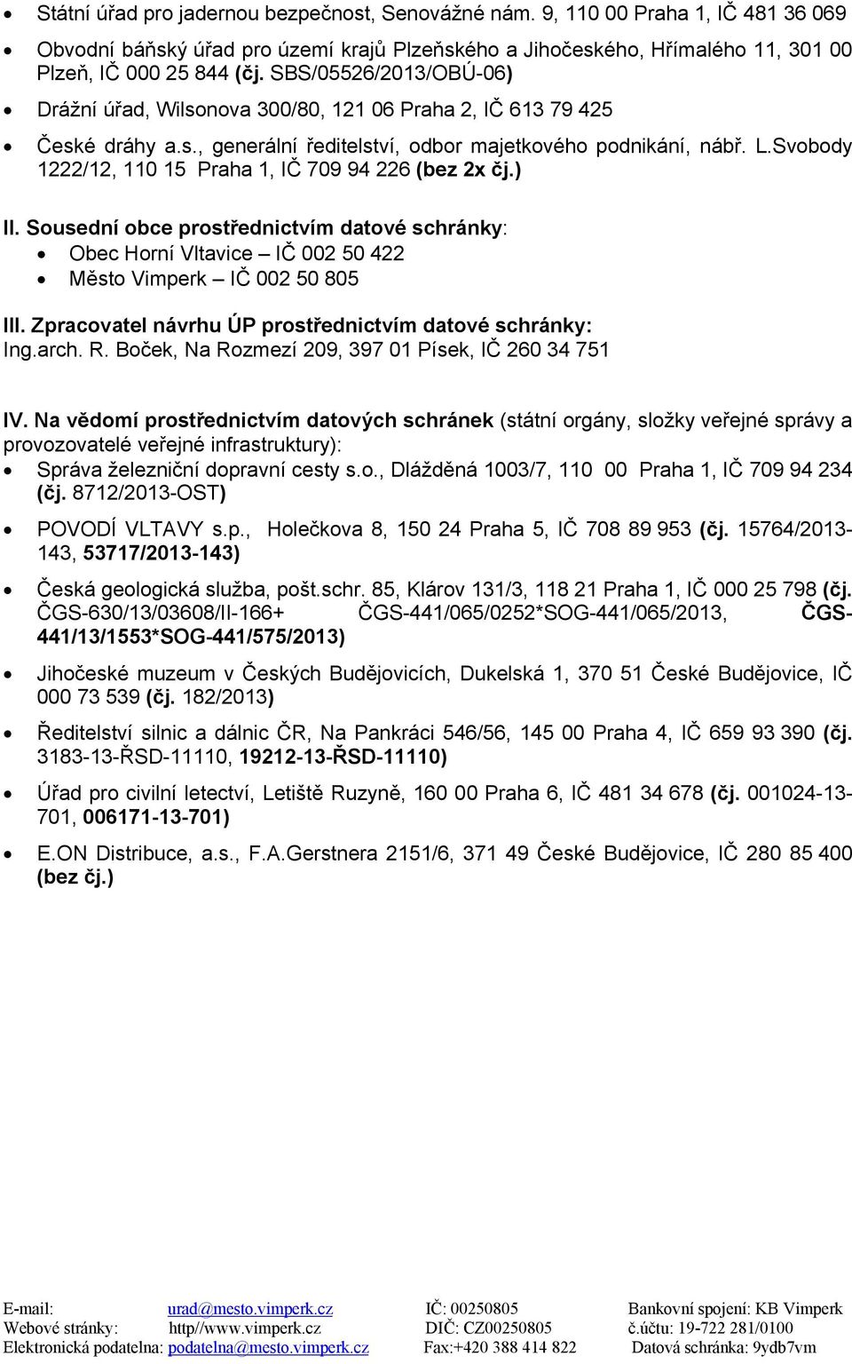 Svobody 1222/12, 110 15 Praha 1, IČ 709 94 226 (bez 2x čj.) II. Sousední obce prostřednictvím datové schránky: Obec Horní Vltavice IČ 002 50 422 Město Vimperk IČ 002 50 805 III.