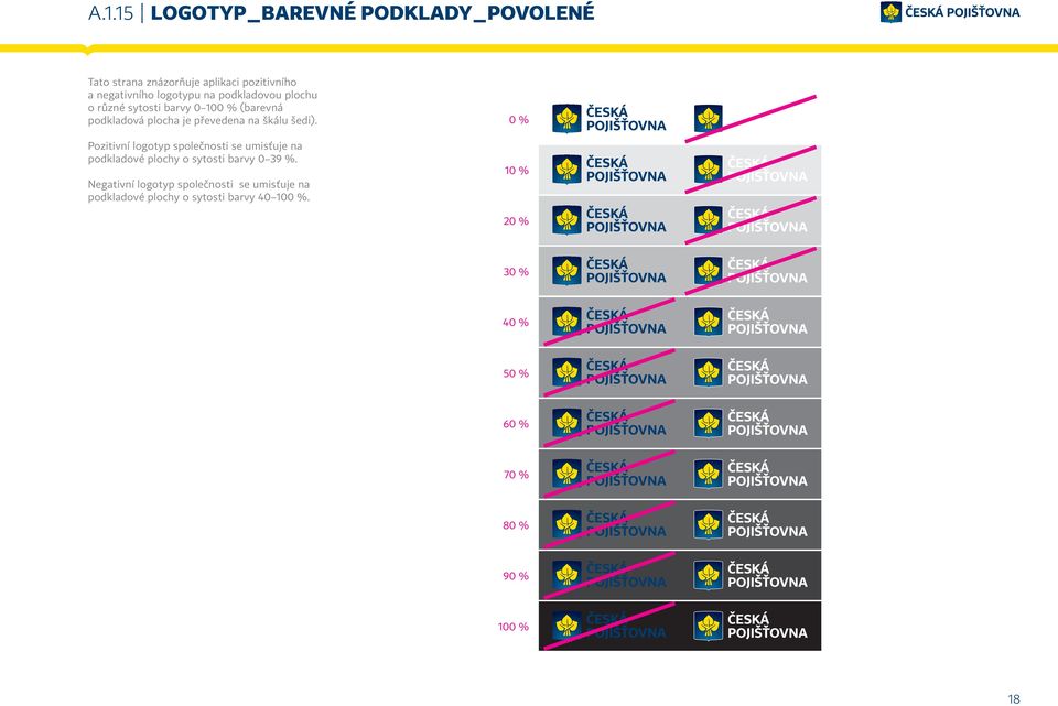 Pozitivní logotyp společnosti se umisťuje na podkladové plochy o sytosti barvy 0 39 %.