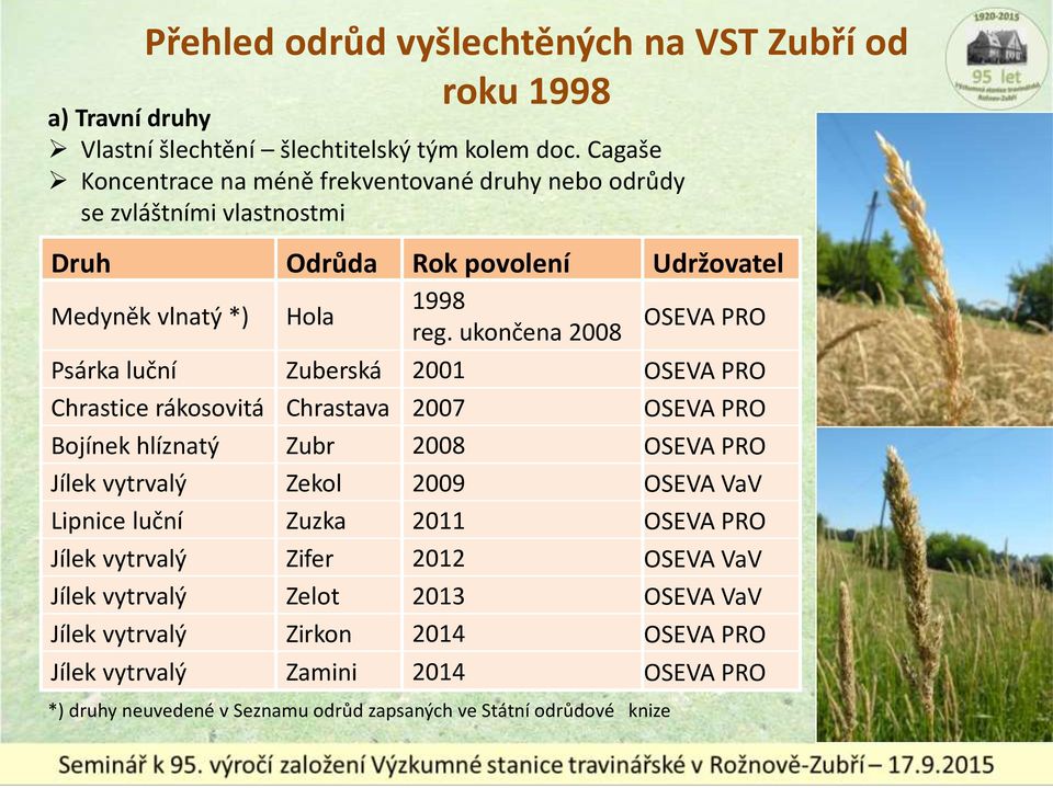 ukončena 2008 OSEVA PRO Psárka luční Zuberská 2001 OSEVA PRO Chrastice rákosovitá Chrastava 2007 OSEVA PRO Bojínek hlíznatý Zubr 2008 OSEVA PRO Jílek vytrvalý Zekol 2009 OSEVA