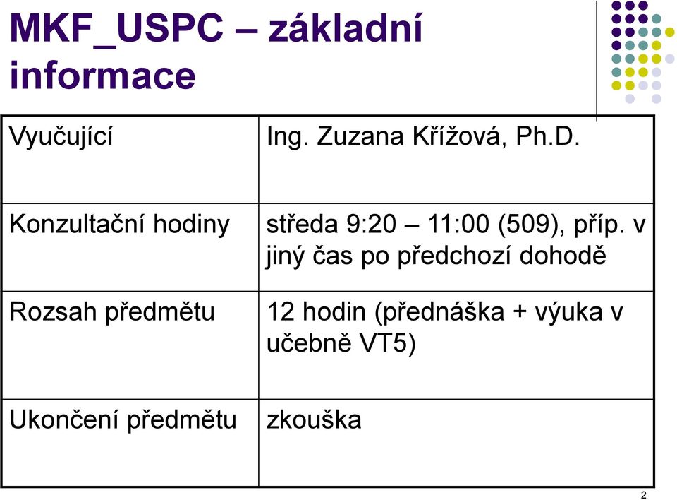 Konzultační hodiny Rozsah předmětu středa 9:20 11:00