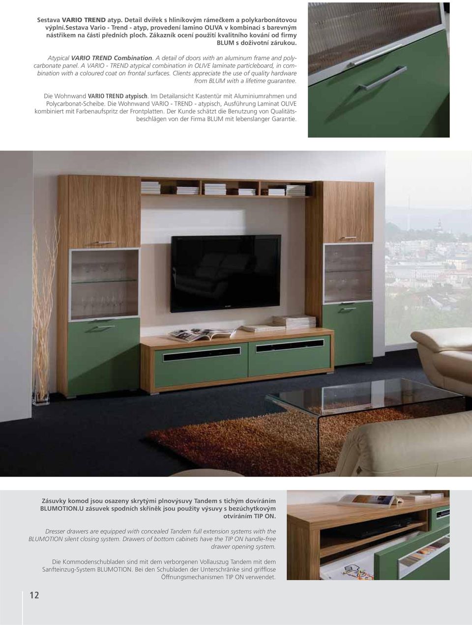 A VARIO - TREND atypical combination in OLIVE laminate particleboard, in combination with a coloured coat on frontal surfaces.