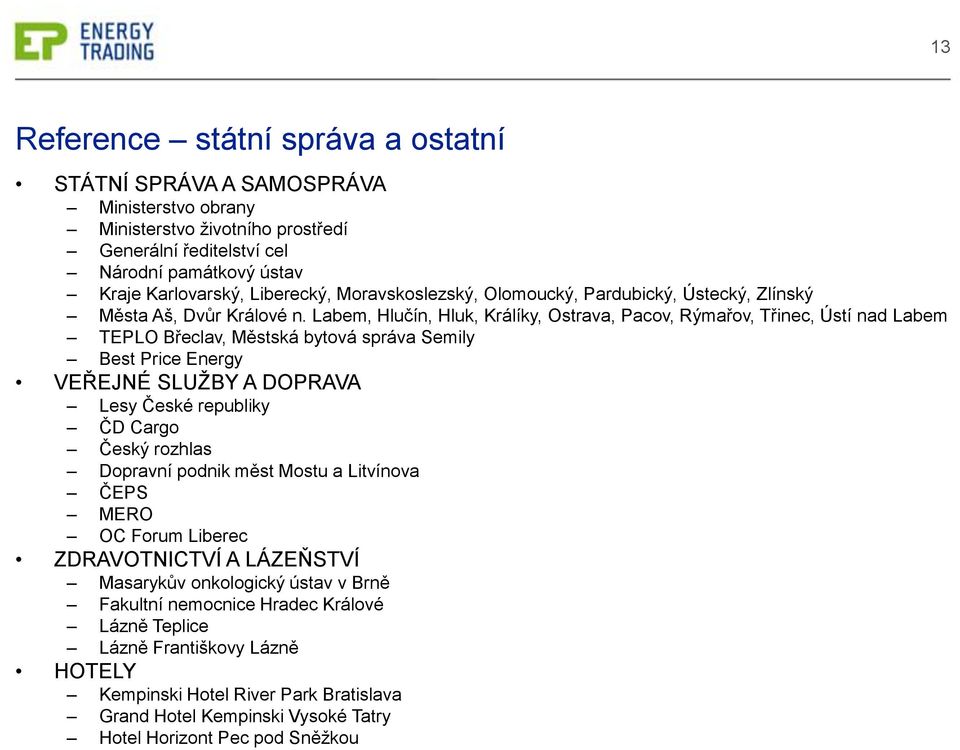 Labem, Hlučín, Hluk, Králíky, Ostrava, Pacov, Rýmařov, Třinec, Ústí nad Labem TEPLO Břeclav, Městská bytová správa Semily Best Price Energy VEŘEJNÉ SLUŽBY A DOPRAVA Lesy České republiky ČD Cargo