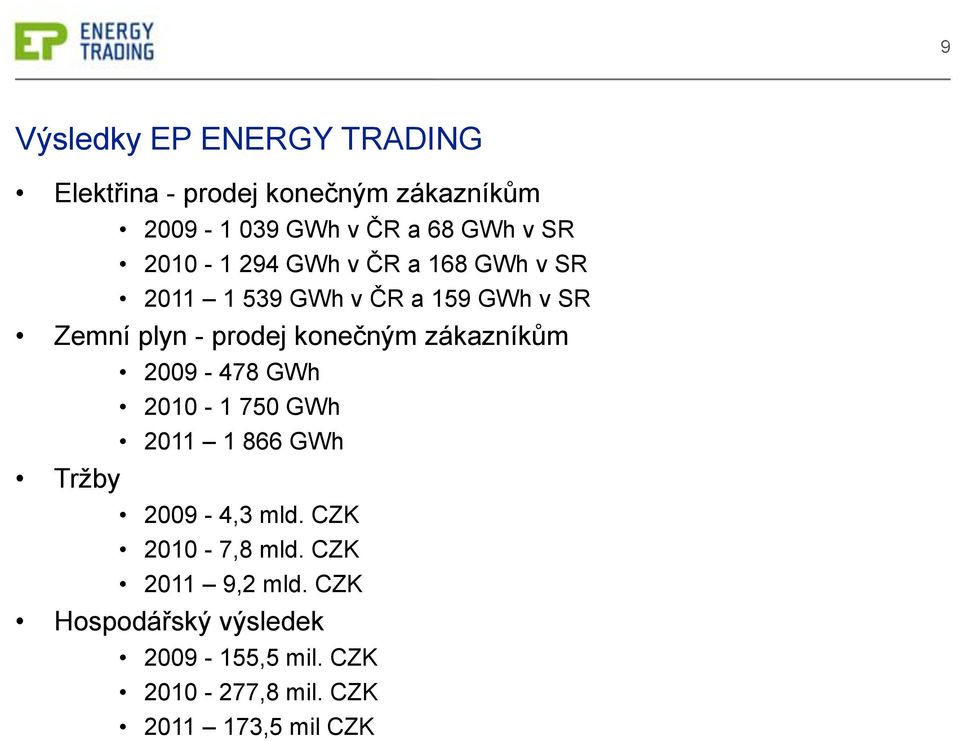 konečným zákazníkům Tržby 2009-478 GWh 2010-1 750 GWh 2011 1 866 GWh 2009-4,3 mld.