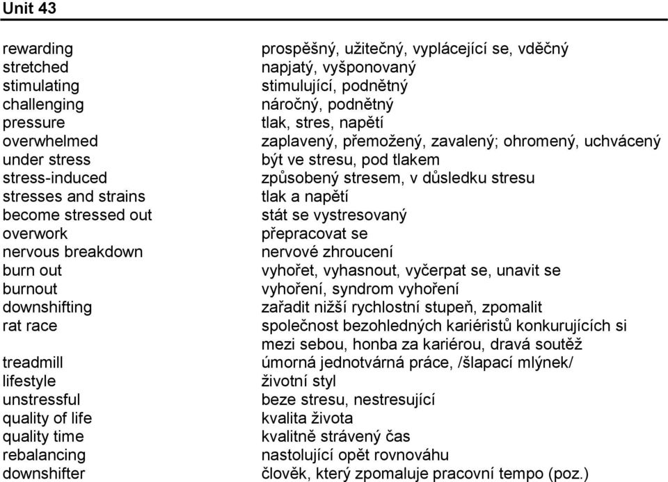 tlak, stres, napětí zaplavený, přemožený, zavalený; ohromený, uchvácený být ve stresu, pod tlakem způsobený stresem, v důsledku stresu tlak a napětí stát se vystresovaný přepracovat se nervové