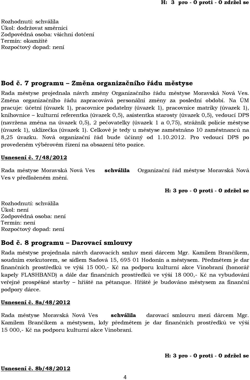 Na ÚM pracuje: účetní (úvazek 1), pracovnice podatelny (úvazek 1), pracovnice matriky (úvazek 1), knihovnice kulturní referentka (úvazek 0,5), asistentka starosty (úvazek 0,5), vedoucí DPS (navržena