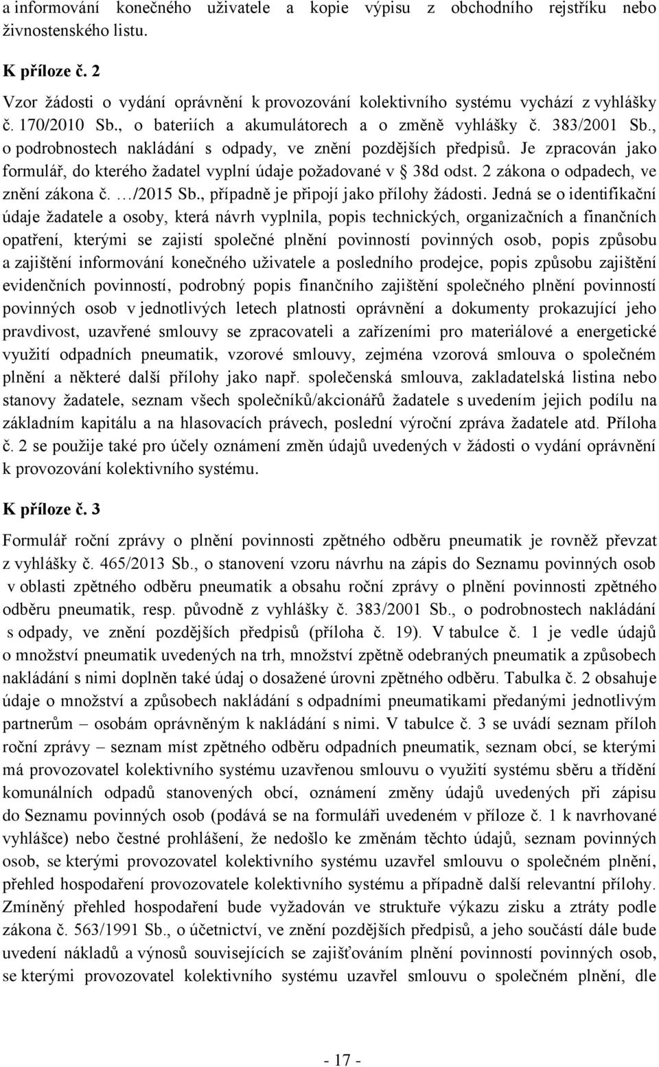 , o podrobnostech nakládání s odpady, ve znění pozdějších předpisů. Je zpracován jako formulář, do kterého žadatel vyplní údaje požadované v 38d odst. 2 zákona o odpadech, ve znění zákona č. /2015 Sb.