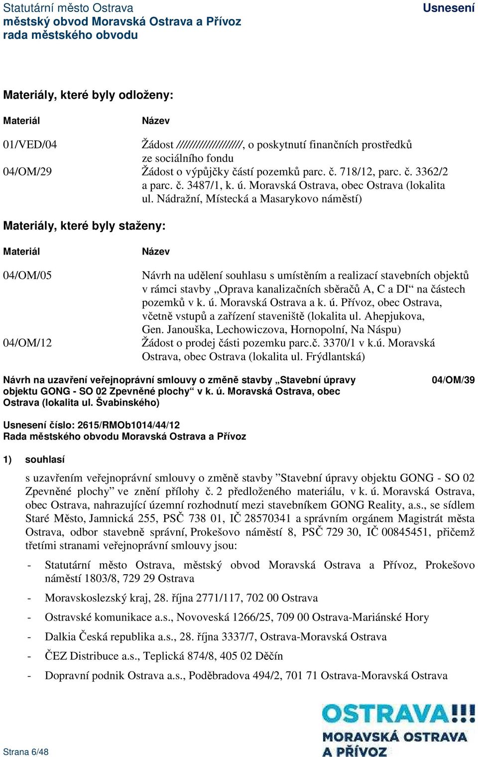 Nádražní, Místecká a Masarykovo náměstí) Materiály, které byly staženy: Materiál 04/OM/05 04/OM/12 Název Návrh na udělení souhlasu s umístěním a realizací stavebních objektů v rámci stavby Oprava