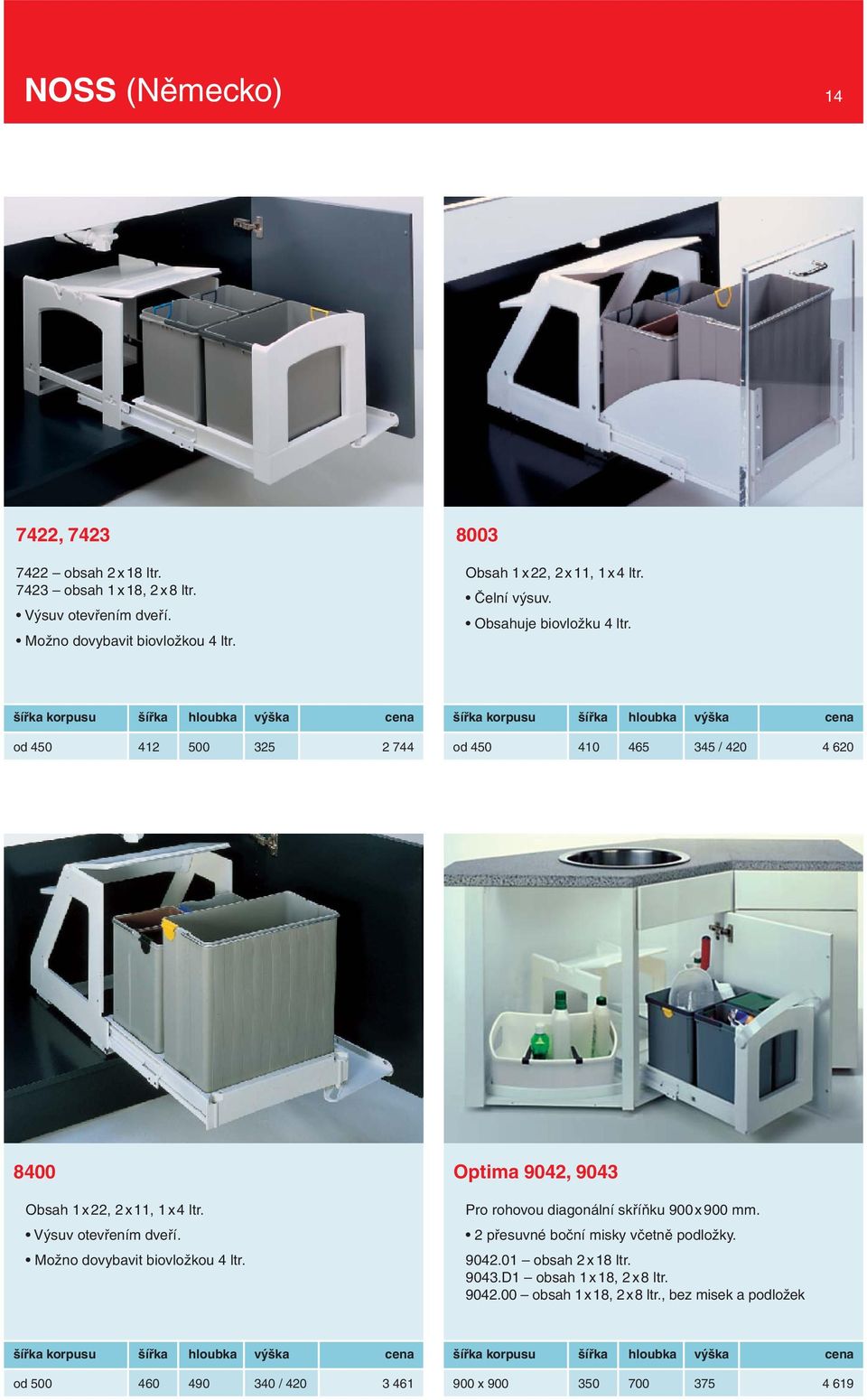 Výsuv otevřením dveří. Možno dovybavit biovložkou 4 ltr. Optima 9042, 9043 Pro rohovou diagonální skříňku 900 x 900 mm. 2 přesuvné boční misky včetně podložky. 9042.01 obsah 2 x 18 ltr. 9043.D1 obsah 1 x 18, 2 x 8 ltr.