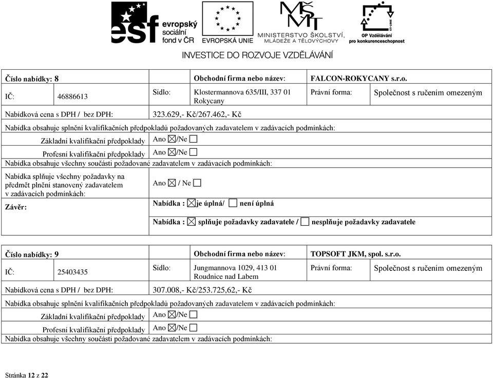 Ano /Ne Nabídka obsahuje všechny součásti požadované zadavatelem v zadávacích podmínkách: Nabídka splňuje všechny požadavky na předmět plnění stanovený zadavatelem v zadávacích podmínkách: Závěr: Ano