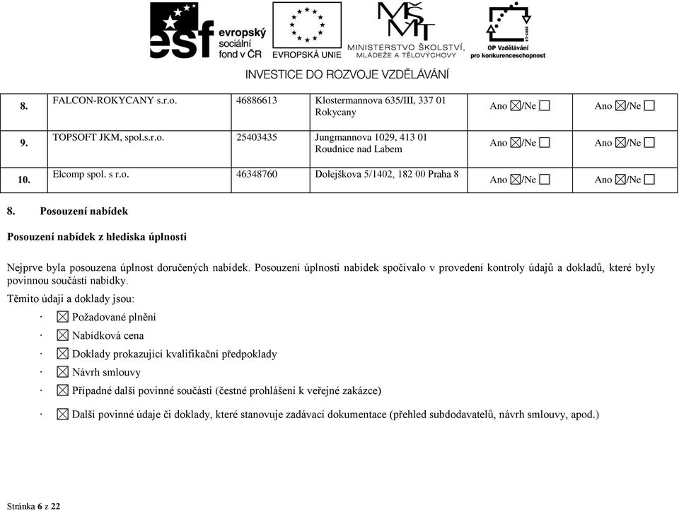 Posouzení úplnosti nabídek spočívalo v provedení kontroly údajů a dokladů, které byly povinnou součástí nabídky.