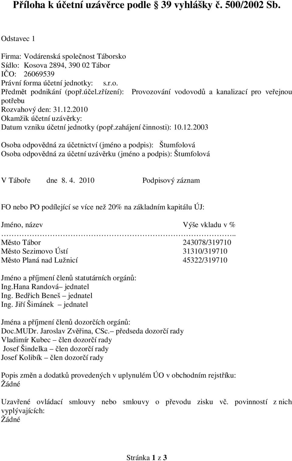 2010 Okamžik ú etní uzáv rky: Datum vzniku ú etní jednotky (pop.zahájení innosti): 10.12.