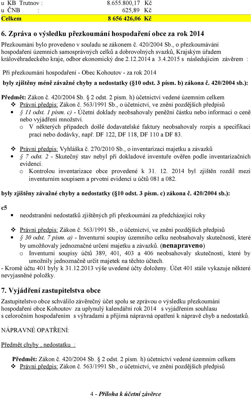 a 3.4.2015 s následujícím závěrem : Při přezkoumání hospodaření - Obec Kohoutov - za rok 2014 byly zjištěny méně závažné chyby a nedostatky ( 10 odst. 3 písm. b) zákona č. 420/2004 sb.