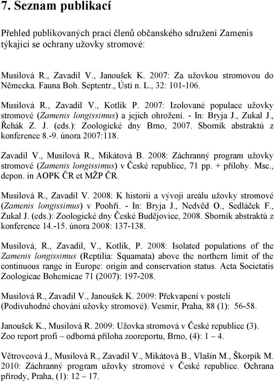 J. (eds.): Zoologické dny Brno, 2007. Sborník abstraktů z konference 8.-9. února 2007:118. Zavadil V., Musilová R., Mikátová B.
