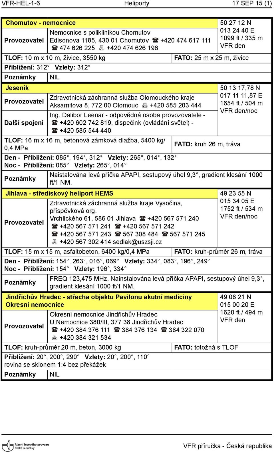 Dalibor Leenar - odpovědná osoba provozovatele - +420 602 742 819, dispečink (ovládání světel) - +420 585 544 440 TLOF: 16 m x 16 m, betonová zámková dlažba, 5400 kg/ 0,4 MPa Den - Přiblížení: 085,