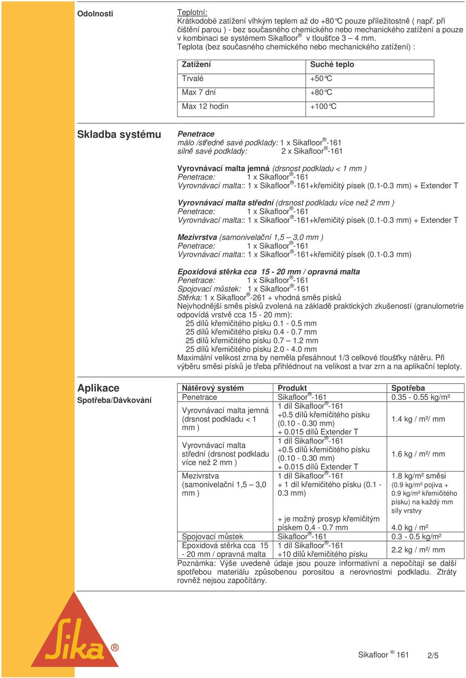 Teplota (bez souasného chemického nebo mechanického zatížení) : Zatížení Trvalé Max 7 dní Max 12 hodin Suché teplo +50 C +80 C +100 C Skladba systému Penetrace málo /stedn savé podklady: 1 x