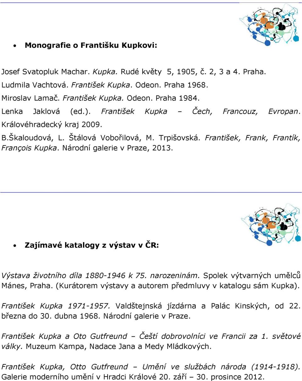 Národní galerie v Praze, 2013. Zajímavé katalogy z výstav v ČR: Výstava životního díla 1880-1946 k 75. narozeninám. Spolek výtvarných umělců Mánes, Praha.