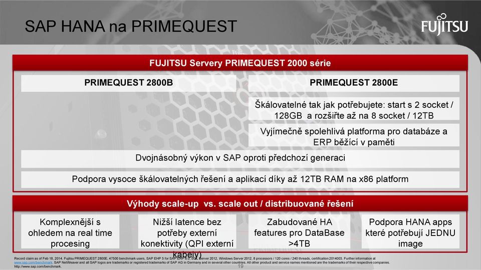 scale out / distribuované řešení Nižší latence bez potřeby externí konektivity (QPI externí kabely) 19 Škálovatelné tak jak potřebujete: start s 2 socket / 128GB a rozšiřte až na 8 socket / 12TB