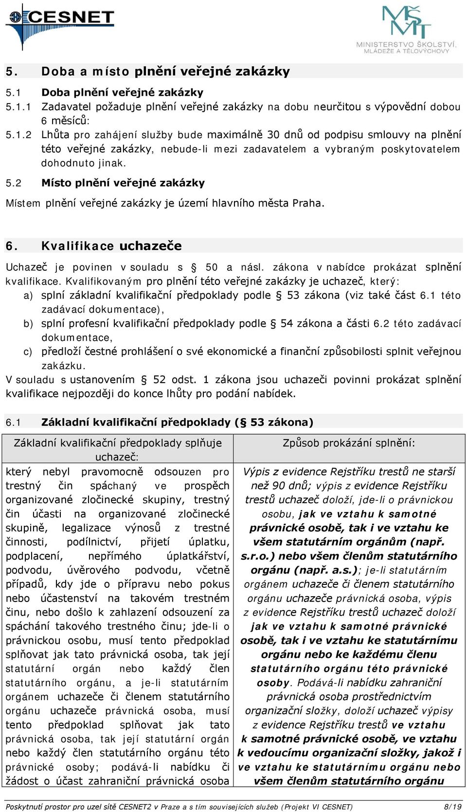 5.2 Míst plnění veřejné zakázky Místem plnění veřejné zakázky je území hlavníh města Praha. 6. Kvalifikace uchazeče Uchazeč je pvinen v suladu s 50 a násl. zákna v nabídce prkázat splnění kvalifikace.