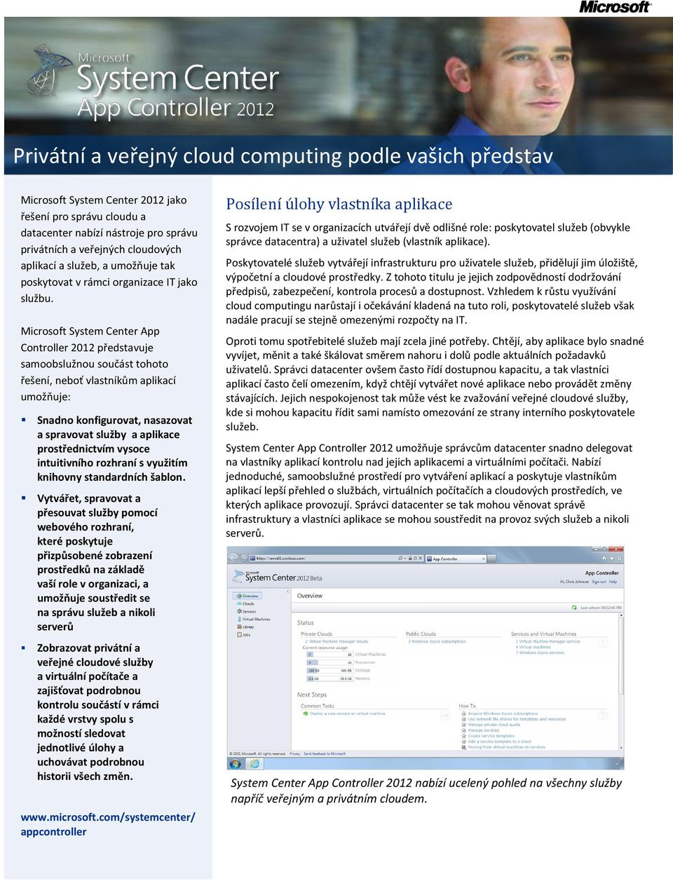 Microsoft System Center App Controller 2012 představuje samoobslužnou součást tohoto řešení, neboť vlastníkům aplikací umožňuje: Snadno konfigurovat, nasazovat a spravovat služby a aplikace