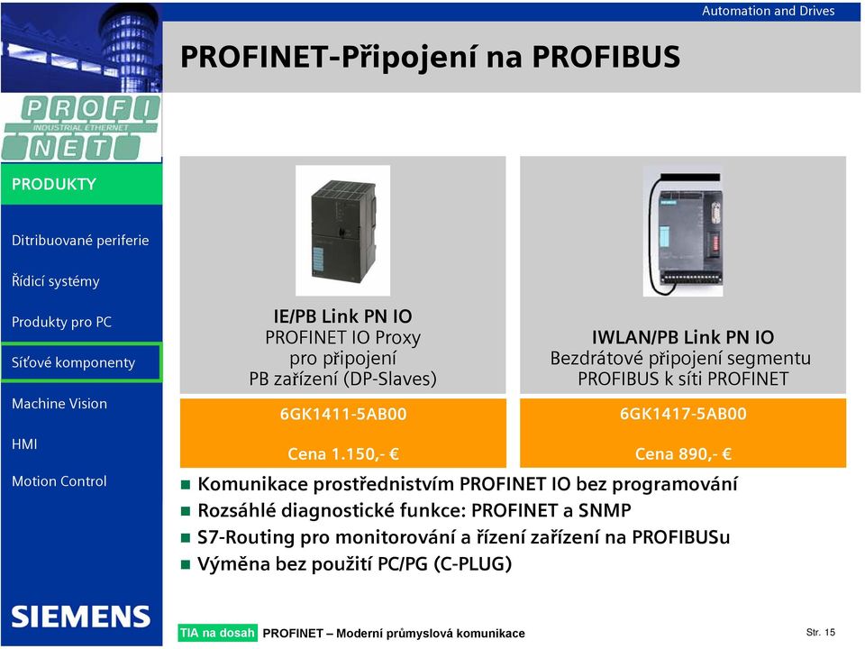 150,- Cena 890,- Komunikace prostřednistvím IO bez programování Rozsáhlé diagnostické funkce: a SNMP