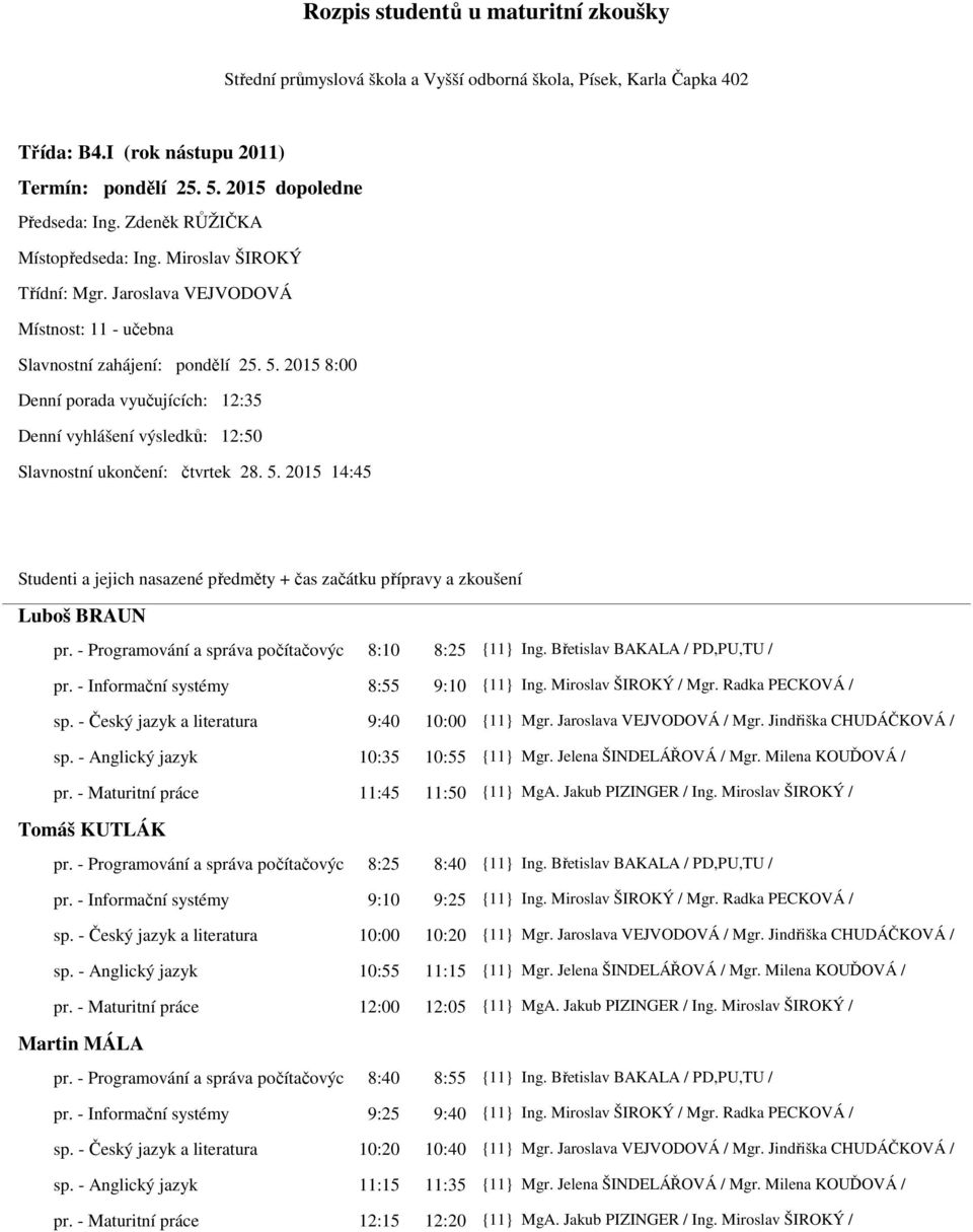 2015 8:00 Denní porada vyučujících: 12:35 Denní vyhlášení výsledků: 12:50 Slavnostní ukončení: čtvrtek 28. 5. 2015 14:45 Luboš BRAUN pr. - Programování a správa počítačovýc 8:10 8:25 {11} Ing.