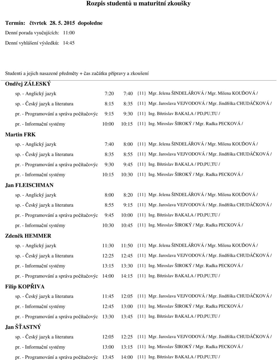 Břetislav BAKALA / PD,PU,TU / pr. - Informační systémy 10:00 10:15 {11} Ing. Miroslav ŠIROKÝ / Mgr. Radka PECKOVÁ / Martin FRK sp. - Anglický jazyk 7:40 8:00 {11} Mgr. Jelena ŠINDELÁŘOVÁ / Mgr.