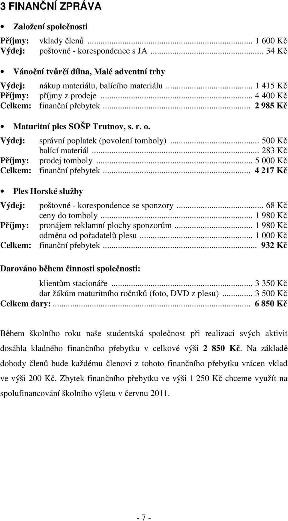 .. 283 Kč Příjmy: prodej tomboly... 5 000 Kč Celkem: finanční přebytek... 4 217 Kč Ples Horské služby Výdej: poštovné - korespondence se sponzory... 68 Kč ceny do tomboly.
