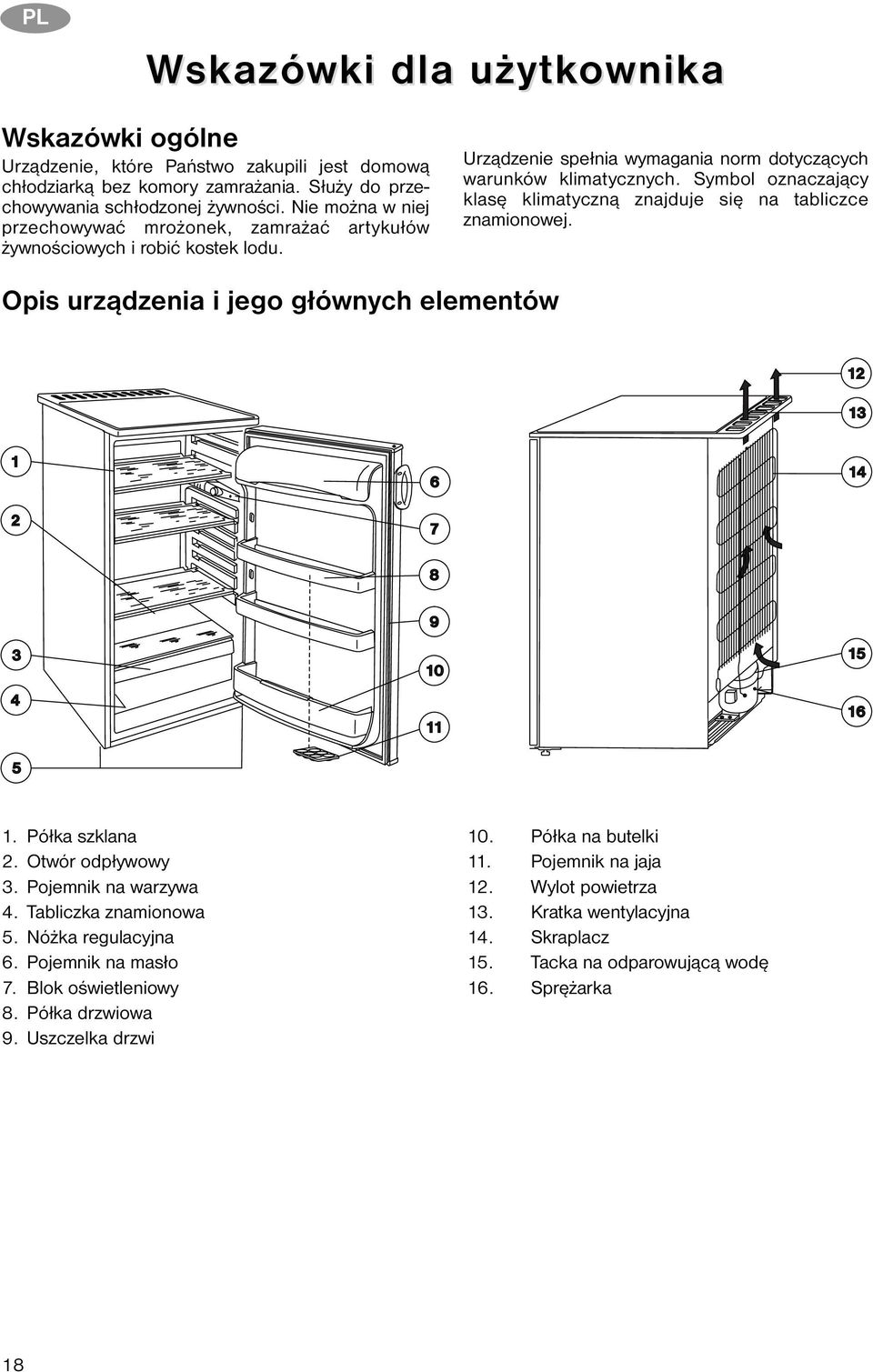 Symbol oznaczający klasę klimatyczną znajduje się na tabliczce znamionowej. Opis urządzenia i jego głównych elementów 1. Półka szklana 2. Otwór odpływowy 3. Pojemnik na warzywa 4.