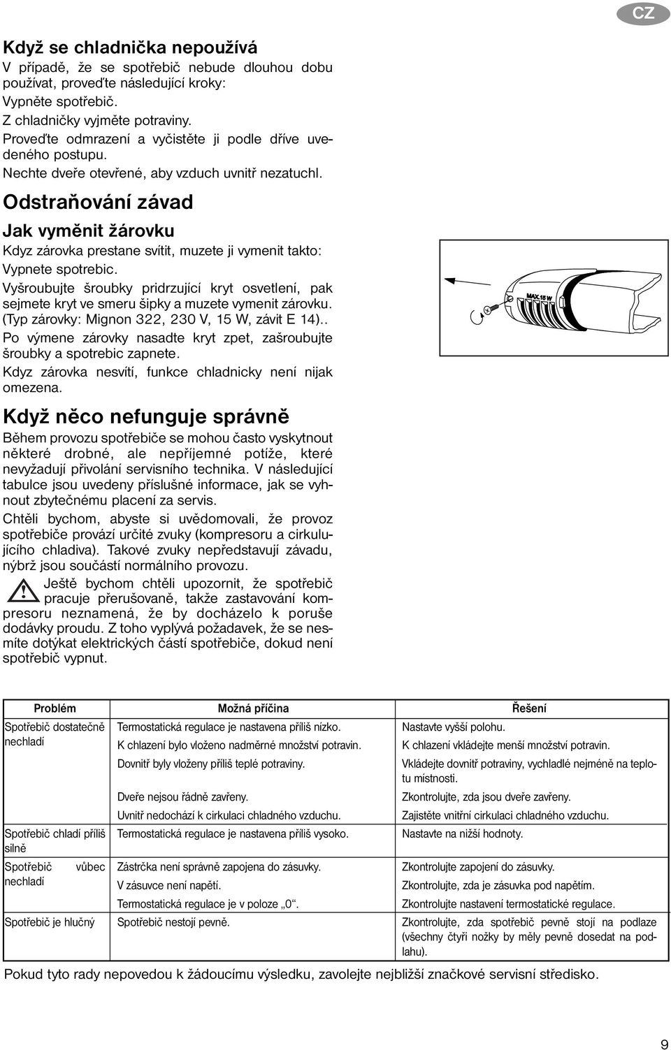 Odstraňování závad Jak vyměnit žárovku Kdyz zárovka prestane svítit, muzete ji vymenit takto: Vypnete spotrebic.