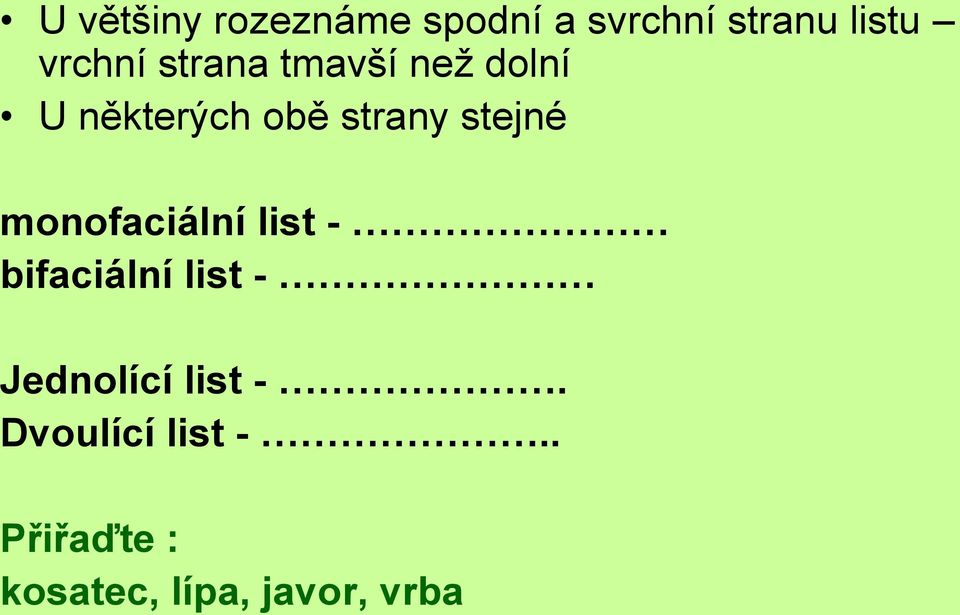 stejné monofaciální list - bifaciální list - Jednolící