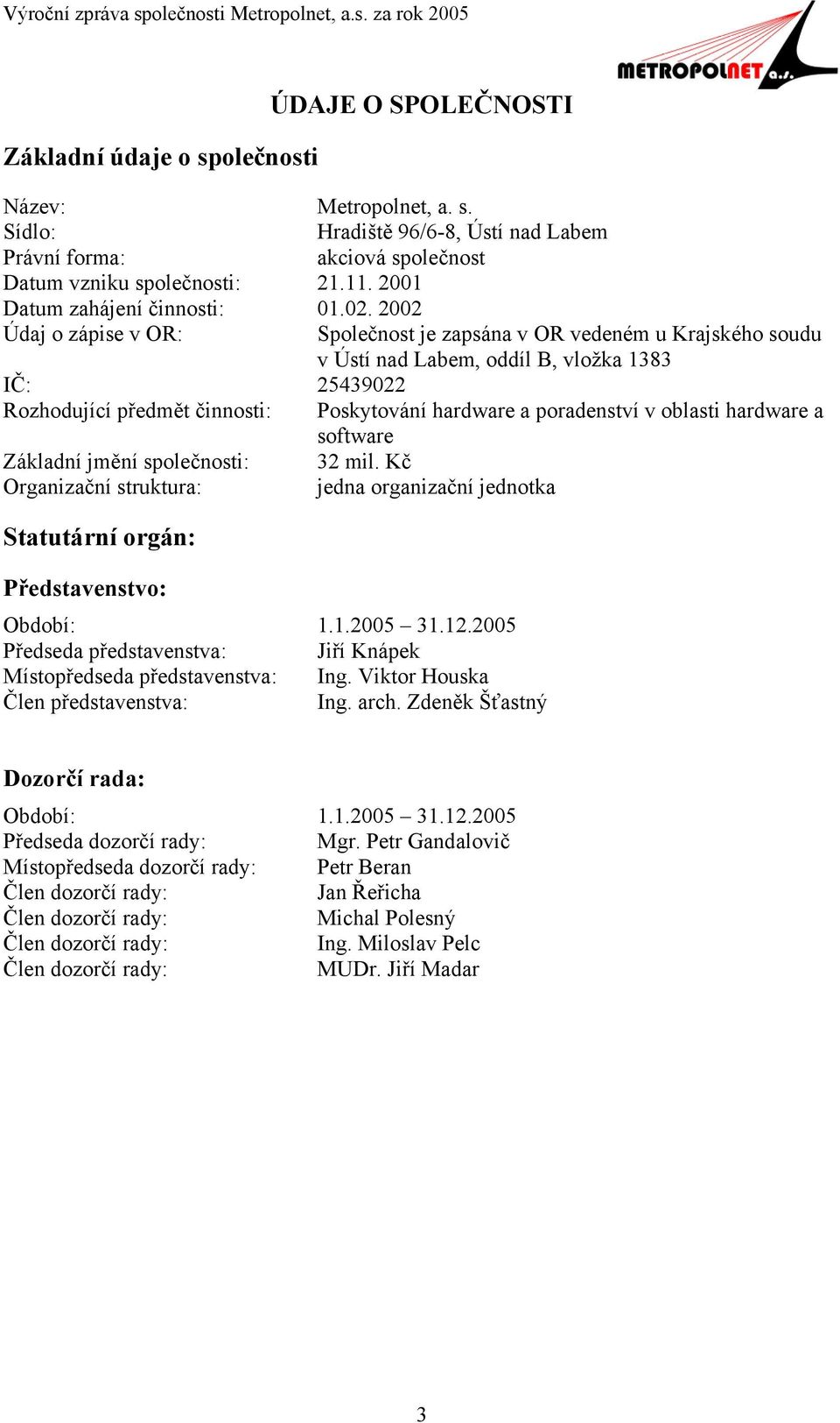 2002 Údaj o zápise v OR: Společnost je zapsána v OR vedeném u Krajského soudu v Ústí nad Labem, oddíl B, vložka 1383 IČ: 25439022 Rozhodující předmět činnosti: Poskytování hardware a poradenství v