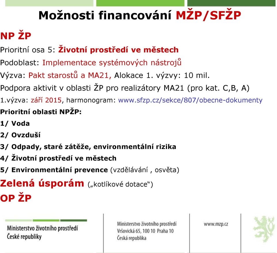 výzva: září 2015, harmonogram: www.sfzp.