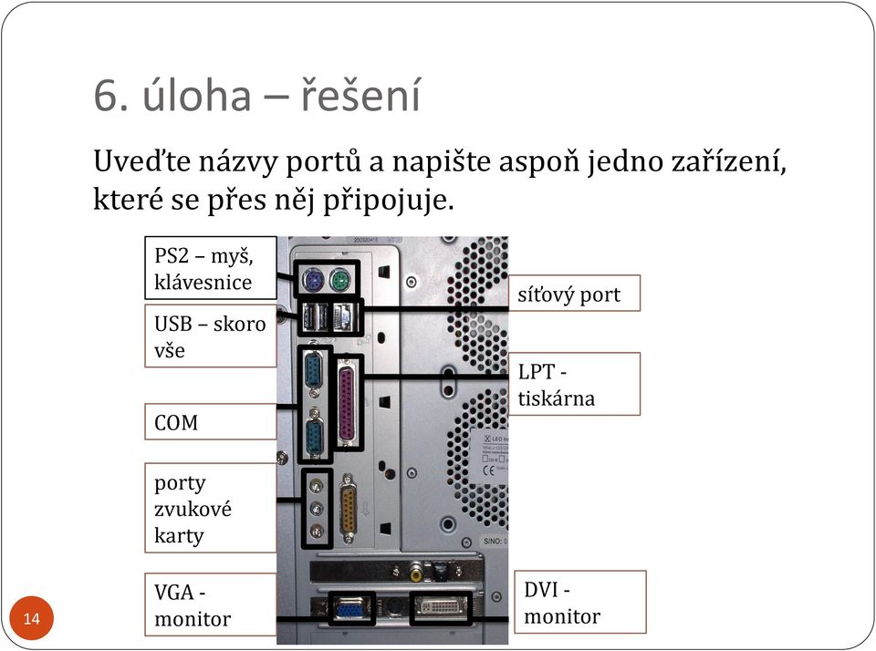 PS2 myš, klávesnice USB skoro vše COM síťový port