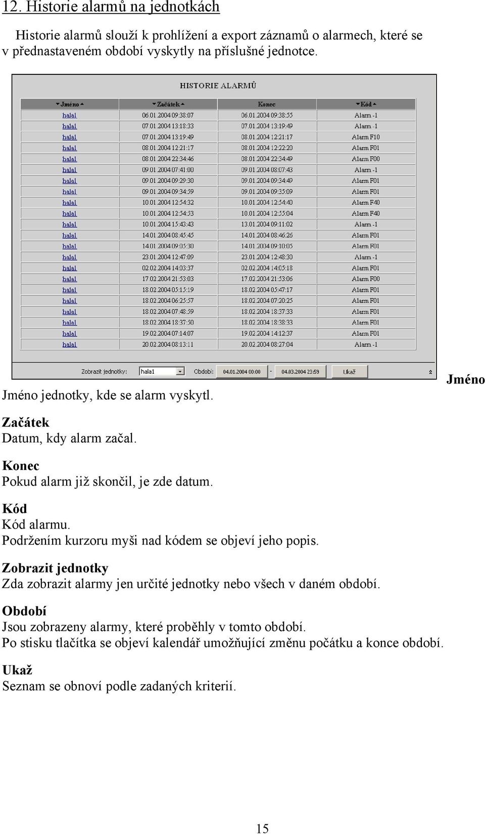 Podržením kurzoru myši nad kódem se objeví jeho popis. Zobrazit jednotky Zda zobrazit alarmy jen určité jednotky nebo všech v daném období.