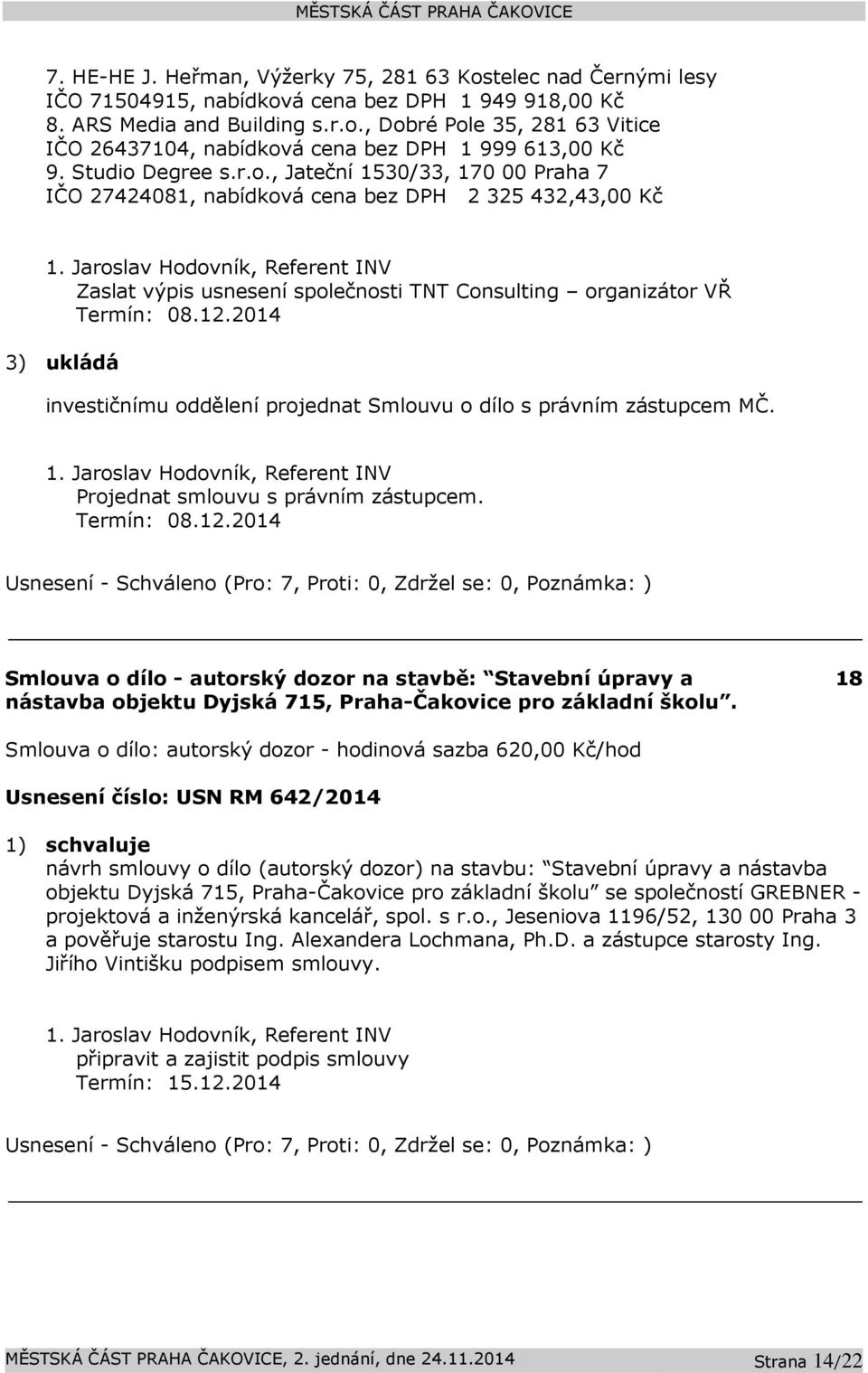 Jaroslav Hodovník, Referent INV Zaslat výpis usnesení společnosti TNT Consulting organizátor VŘ Termín: 08.12.2014 3) ukládá investičnímu oddělení projednat Smlouvu o dílo s právním zástupcem MČ. 1.