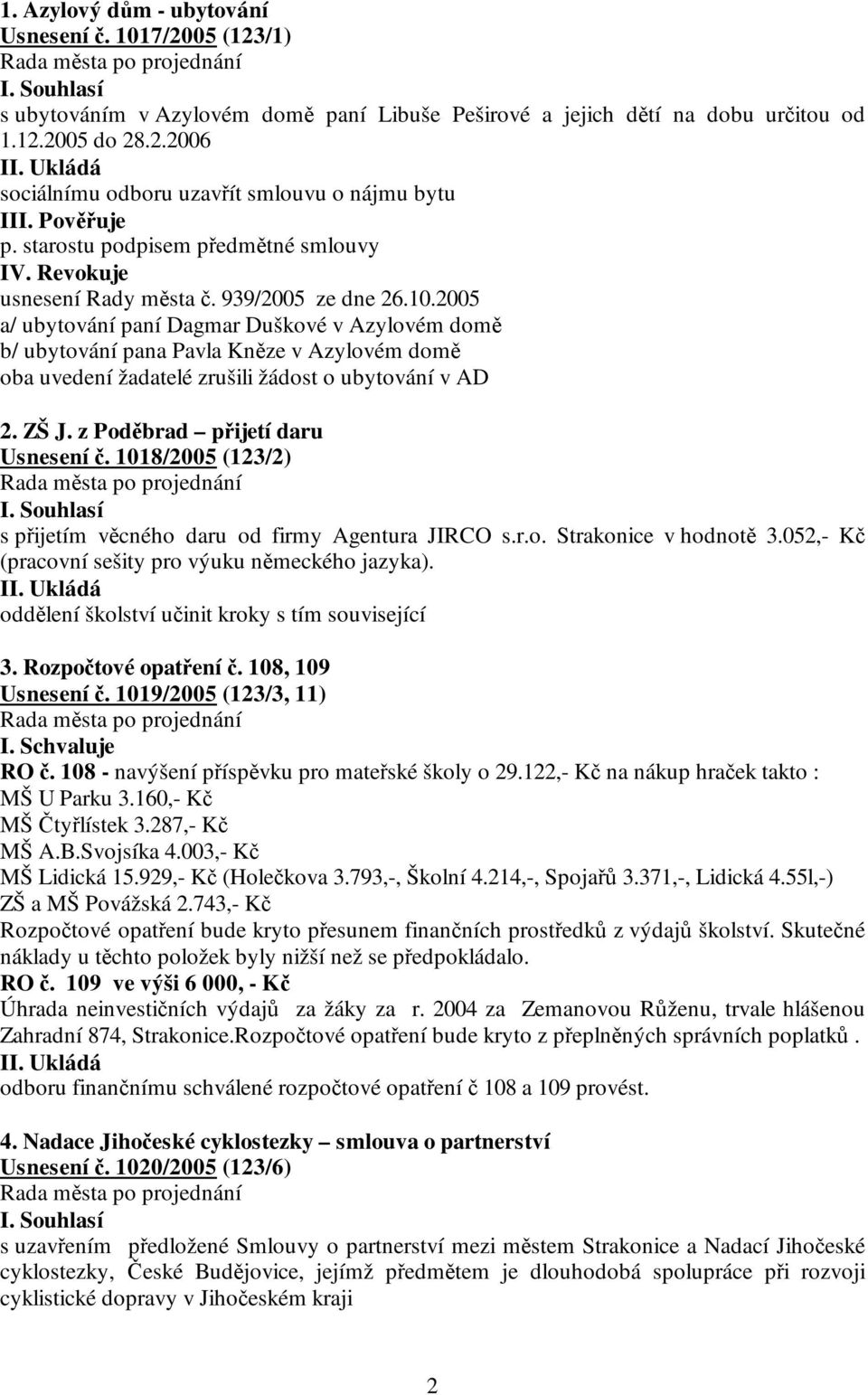 2005 a/ ubytování paní Dagmar Duškové v Azylovém domě b/ ubytování pana Pavla Kněze v Azylovém domě oba uvedení žadatelé zrušili žádost o ubytování v AD 2. ZŠ J. z Poděbrad přijetí daru Usnesení č.