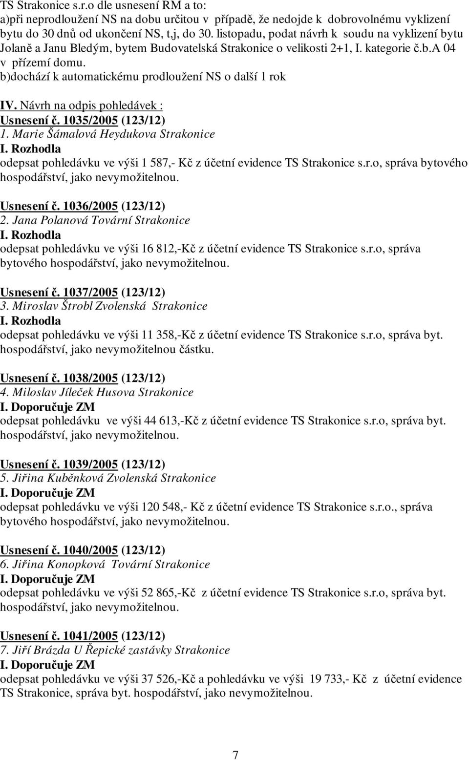 b)dochází k automatickému prodloužení NS o další 1 rok IV. Návrh na odpis pohledávek : Usnesení č. 1035/2005 (123/12) 1.