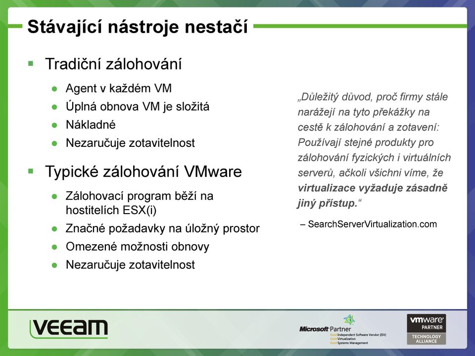 zotavitelnost Důležitý důvod, proč firmy stále narážejí na tyto překážky na cestě k zálohování a zotavení: Používají stejné produkty pro