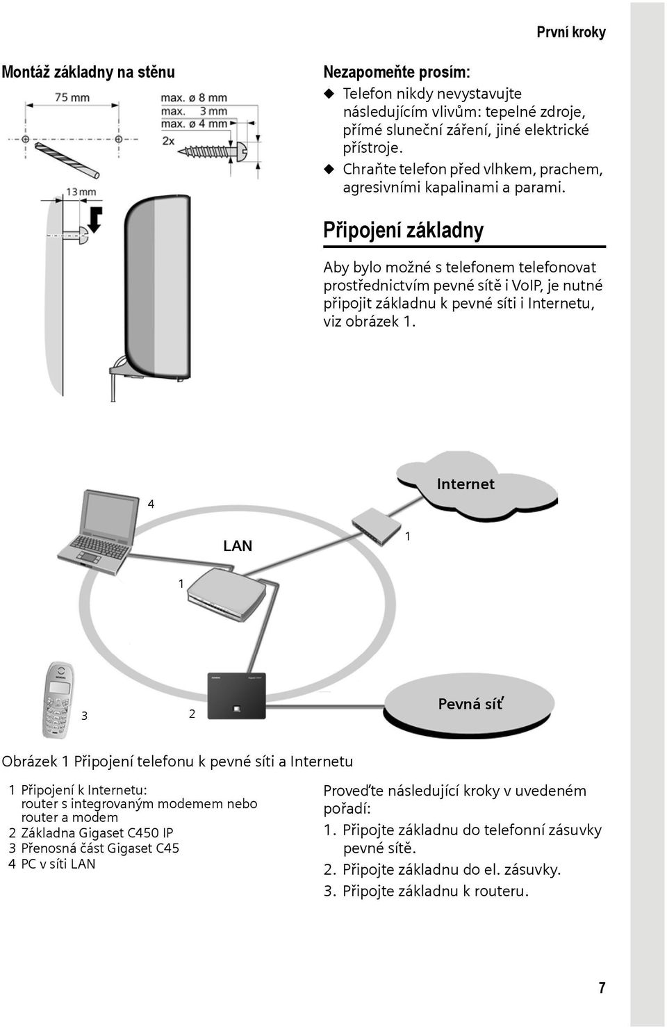 Připojení základny Aby bylo možné s telefonem telefonovat prostřednictvím pevné sítě i VoIP, je nutné připojit základnu k pevné síti i Internetu, viz obrázek 1.
