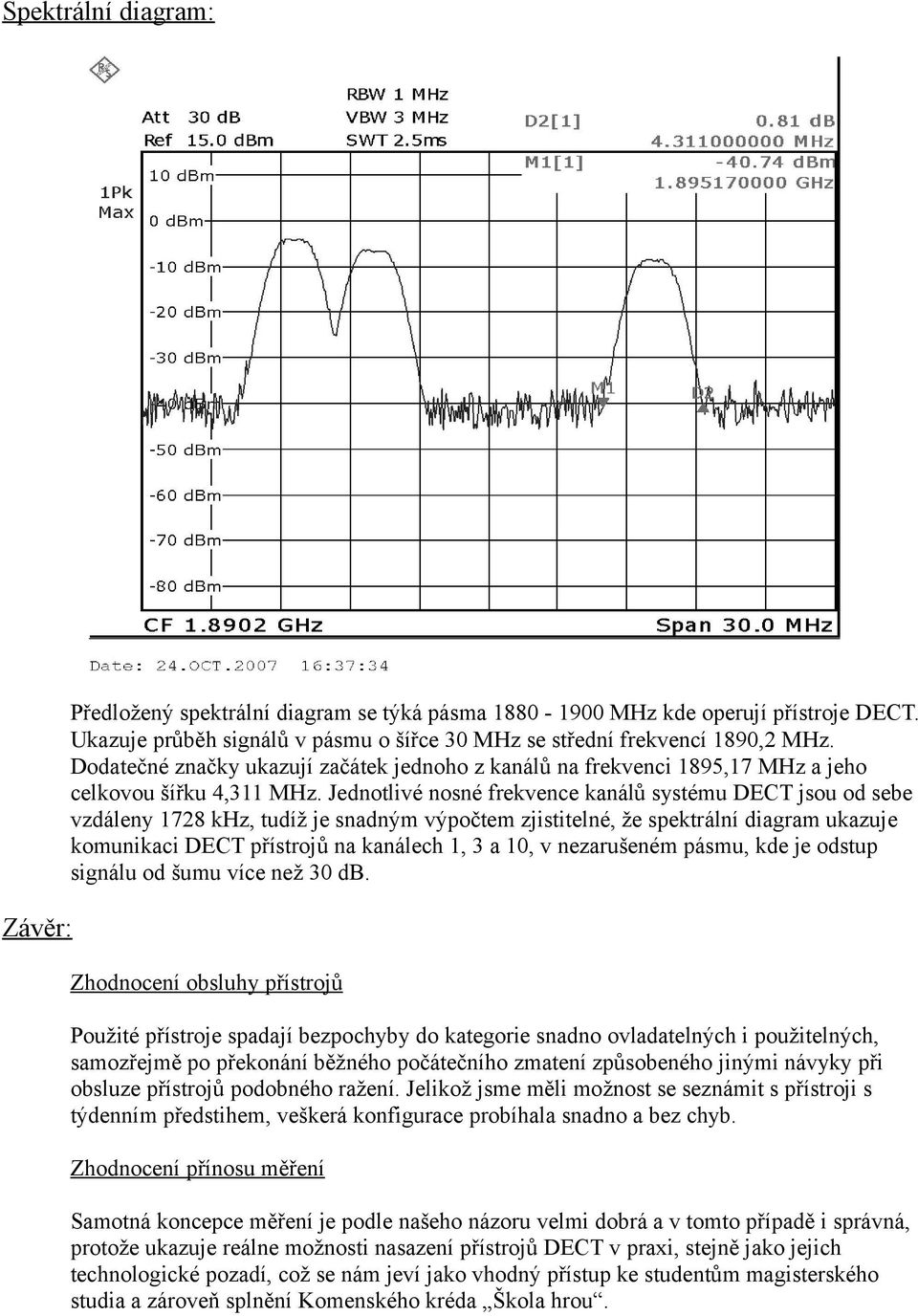 Jednotlivé nosné frekvence kanálů systému DECT jsou od sebe vzdáleny 1728 khz, tudíž je snadným výpočtem zjistitelné, že spektrální diagram ukazuje komunikaci DECT přístrojů na kanálech 1, 3 a 10, v