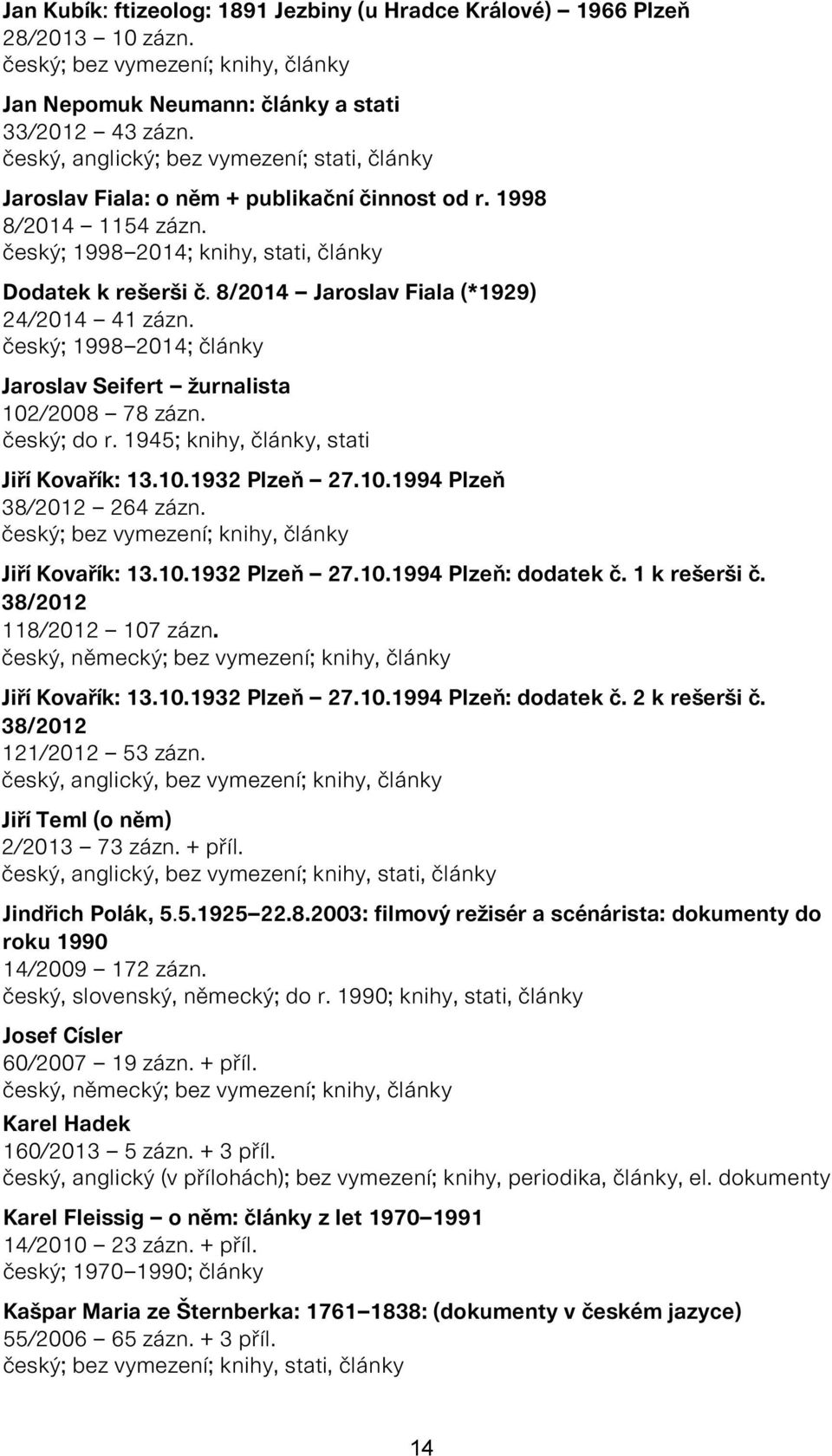 8/2014 Jaroslav Fiala (*1929) 24/2014 41 zázn. český; 1998 2014; články Jaroslav Seifert žurnalista 102/2008 78 zázn. český; do r. 1945; knihy, články, stati Jiří Kovařík: 13.10.1932 Plzeň 27.10.1994 Plzeň 38/2012 264 zázn.