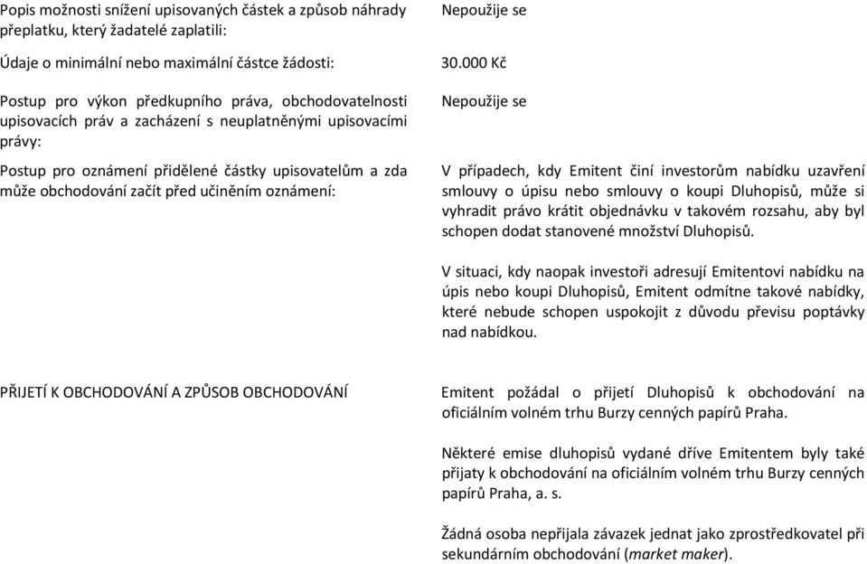 000 Kč Nepoužije se V případech, kdy Emitent činí investorům nabídku uzavření smlouvy o úpisu nebo smlouvy o koupi Dluhopisů, může si vyhradit právo krátit objednávku v takovém rozsahu, aby byl