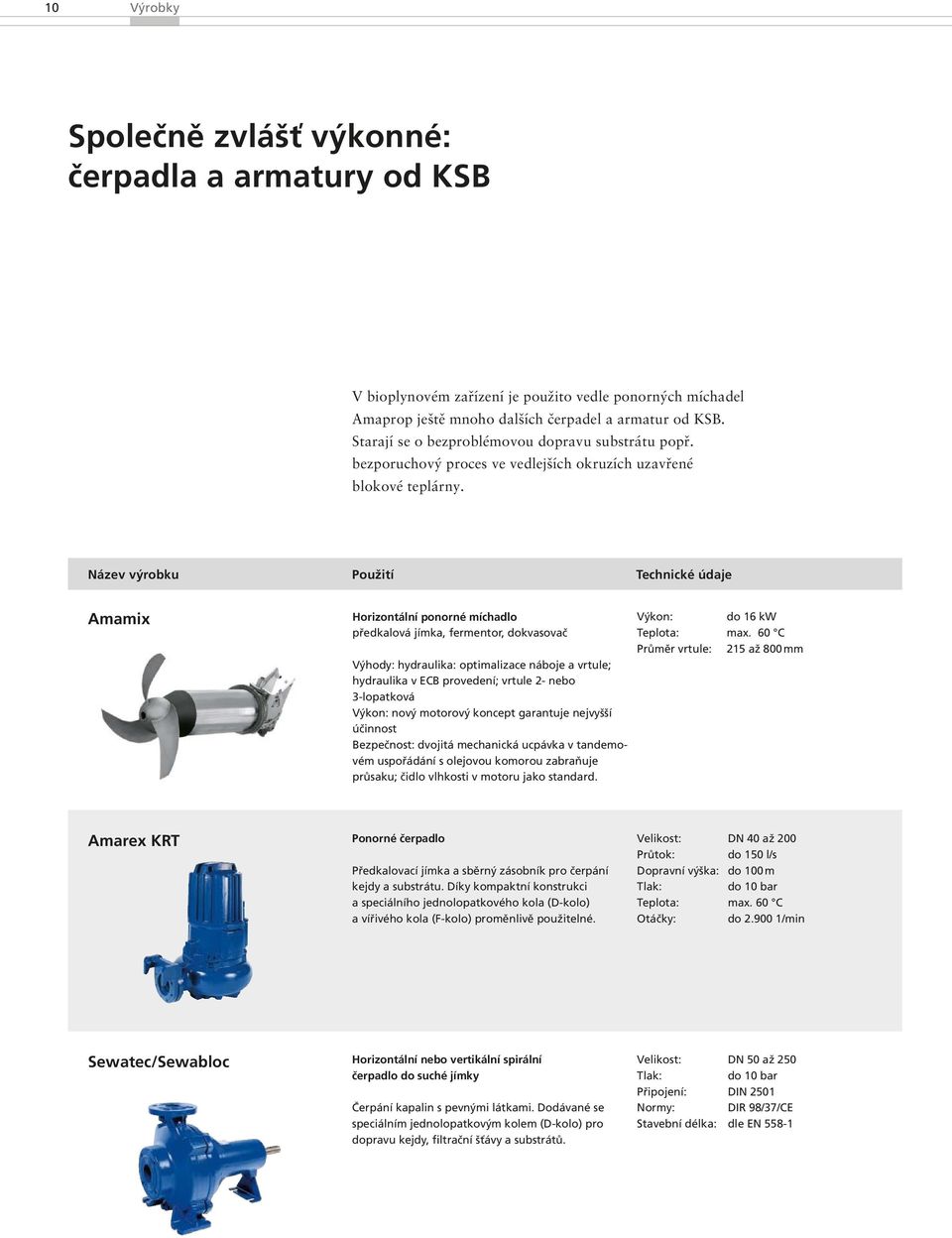 Název výrobku Použití Technické údaje Amamix Horizontální ponorné míchadlo předkalová jímka, fermentor, dokvasovač Výhody: hydraulika: optimalizace náboje a vrtule; hydraulika v ECB provedení; vrtule