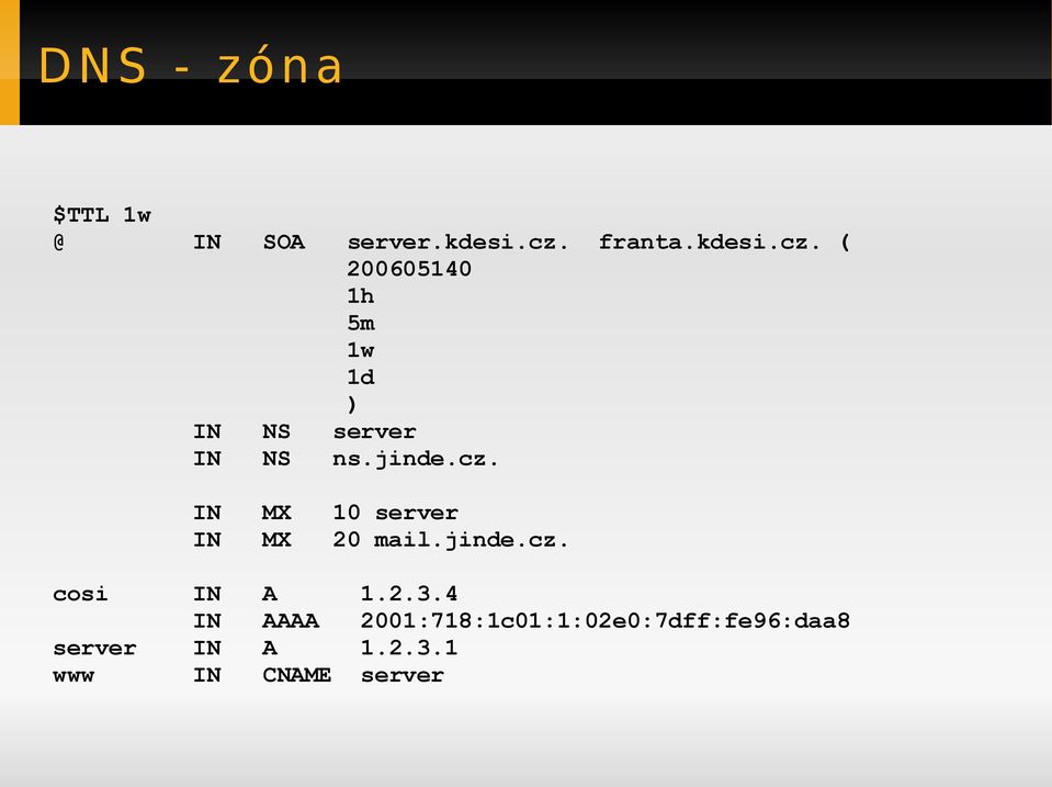 jinde.cz. IN MX 10 server IN MX 20 mail.jinde.cz. cosi IN A 1.2.3.