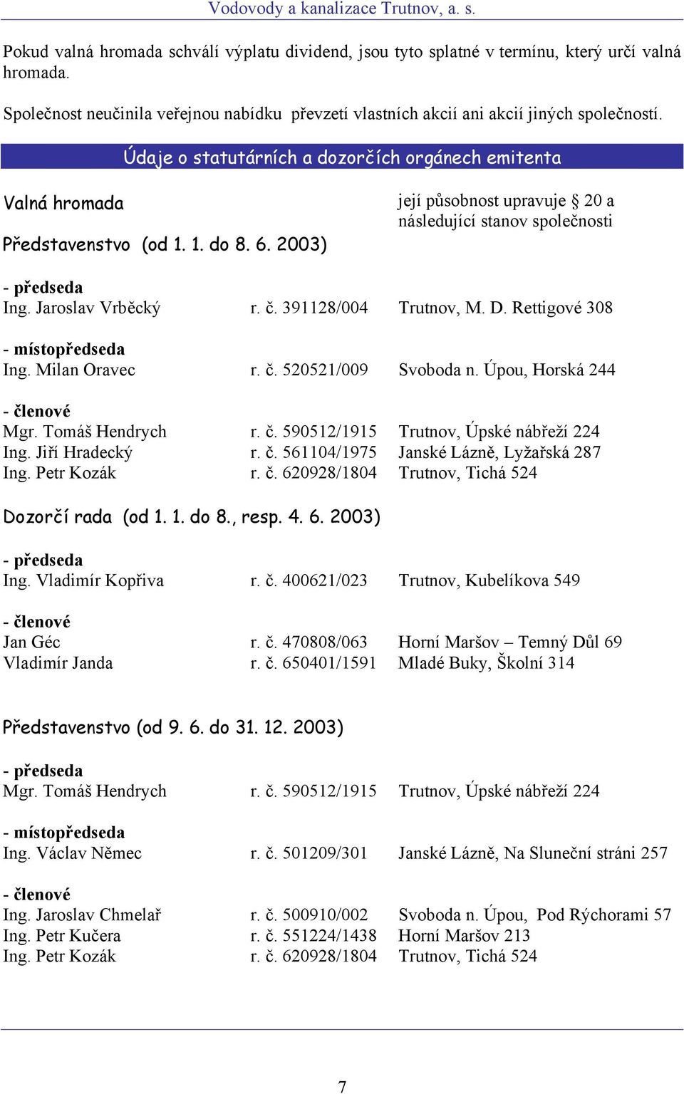 č. 391128/004 Trutnov, M. D. Rettigové 308 - místopředseda Ing. Milan Oravec r. č. 520521/009 Svoboda n. Úpou, Horská 244 - členové Mgr. Tomáš Hendrych r. č. 590512/1915 Trutnov, Úpské nábřeží 224 Ing.