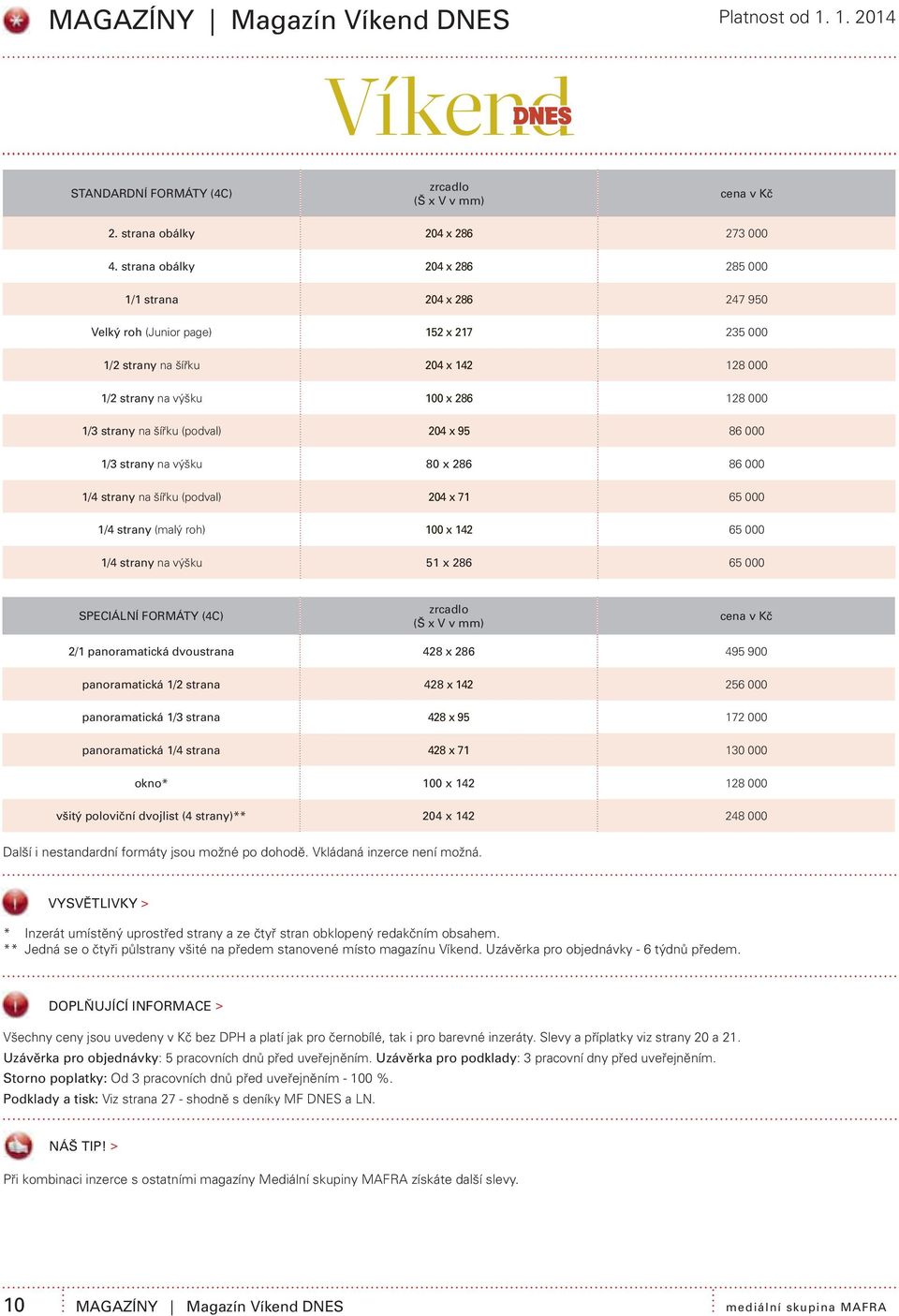 (podval) 204 x 95 86 000 1/3 strany na výšku 80 x 286 86 000 1/4 strany na šířku (podval) 204 x 71 65 000 1/4 strany (malý roh) 100 x 142 65 000 1/4 strany na výšku 51 x 286 65 000 SPECIÁLNÍ FORMÁTY